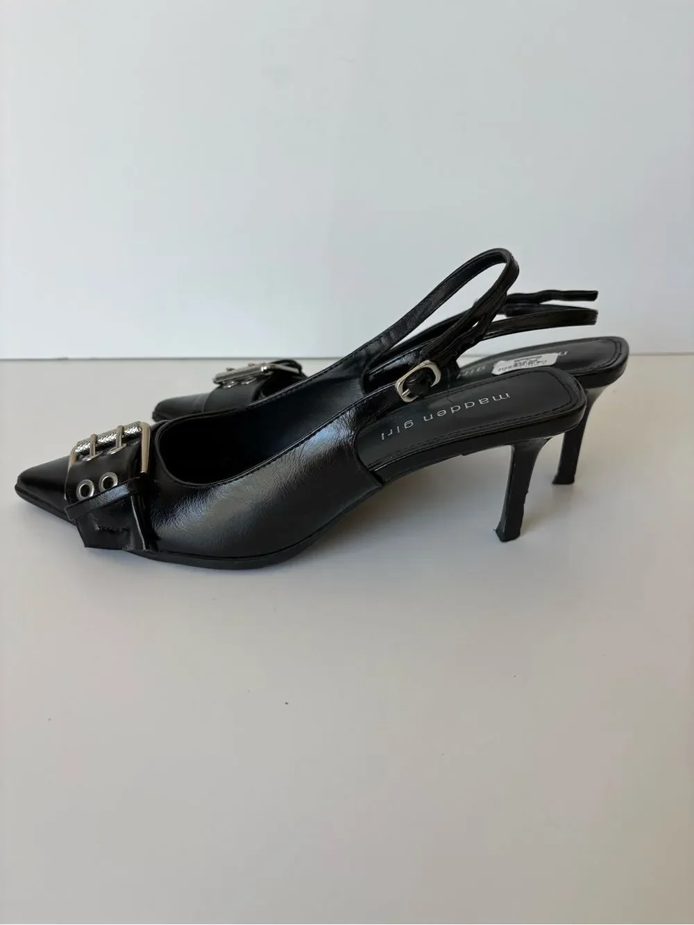Madden Girl Black Pointed-Toe Slingback Heel with Silver Buckle